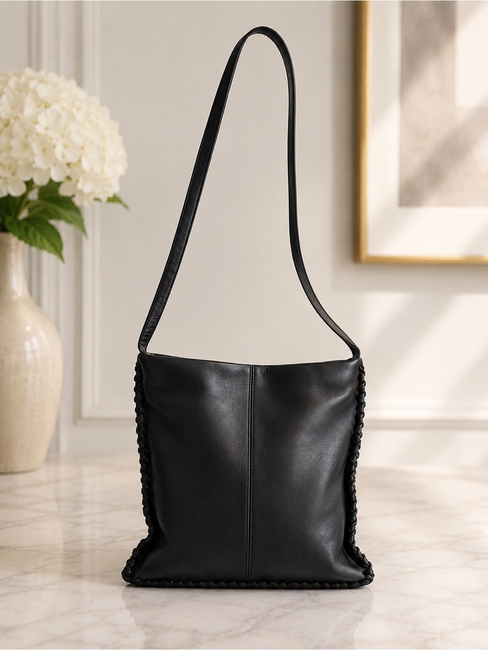 Kenneth Cole Black Leather Whipstitch Hobo Shoulder Bag Slouchy Y2K - Picture 1 of 13